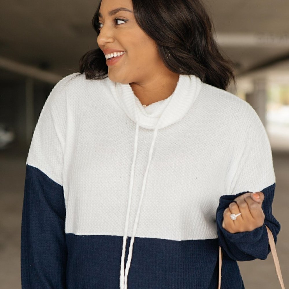 Celeste Blue & White Cowl Neck Sweater w/ Pockets - Picture 5 of 9